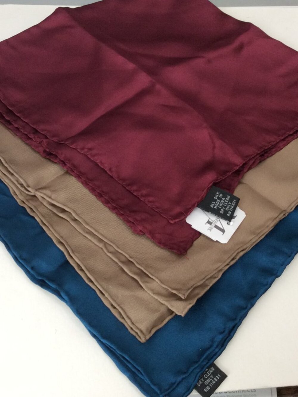 Three Silk Pocket Hankies - Tan Teal Burgundy
